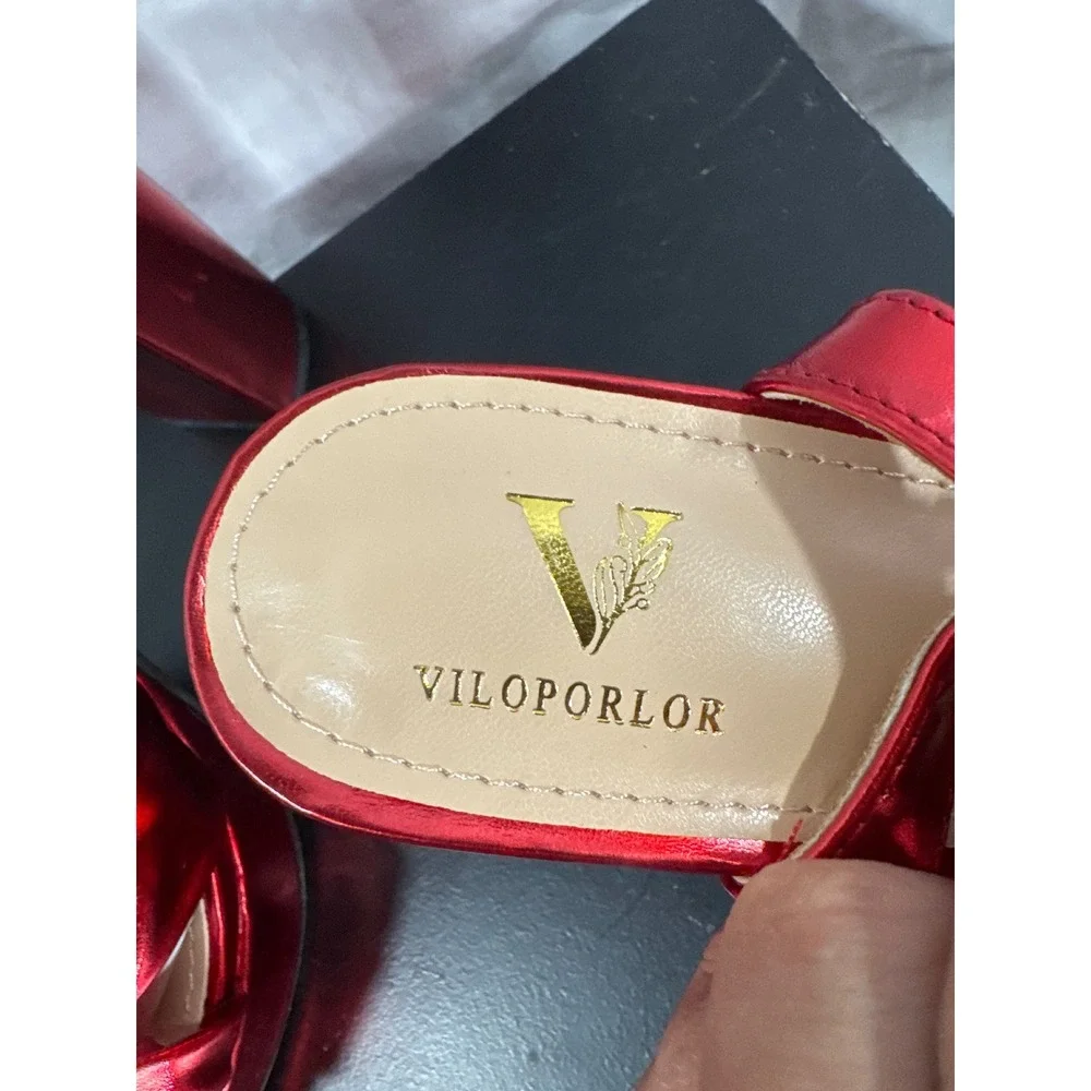 VILOPORLOR Red Metallic Bow Platform Block Heel Sandals Womens Size 8
